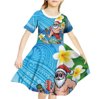 Polynesian Merry Christmas Kid Short Sleeve Dress Funny Santa with Sea Turtle Beach Plumeria - Polynesian Pride