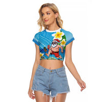 Polynesian Merry Christmas Raglan Cropped T Shirt Funny Santa with Sea Turtle Beach Plumeria - Polynesian Pride