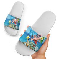 Polynesian Merry Christmas Slide Sandals Funny Santa with Sea Turtle Beach Plumeria - Polynesian Pride