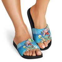Polynesian Merry Christmas Slide Sandals Funny Santa with Sea Turtle Beach Plumeria - Polynesian Pride