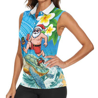 Polynesian Merry Christmas Women Sleeveless Polo Shirt Funny Santa with Sea Turtle Beach Plumeria - Polynesian Pride