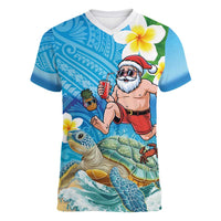 Polynesian Merry Christmas Women V-Neck T-Shirt Funny Santa with Sea Turtle Beach Plumeria LT03 Female Multicolor - Polynesian Pride