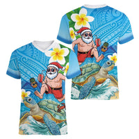 Polynesian Merry Christmas Women V-Neck T-Shirt Funny Santa with Sea Turtle Beach Plumeria LT03 - Polynesian Pride