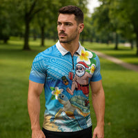 Polynesian Merry Christmas Zipper Polo Shirt Funny Santa with Sea Turtle Beach Plumeria - Polynesian Pride