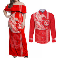 Hawaii Kalani High School Couples Matching Off Shoulder Maxi Dress and Long Sleeve Button Shirt Tribal Kakau Pattern LT03 Red - Polynesian Pride