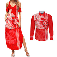 Hawaii Kalani High School Couples Matching Summer Maxi Dress and Long Sleeve Button Shirt Tribal Kakau Pattern LT03 Red - Polynesian Pride
