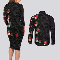 Hawaiian Taro Leaves-Hibiscus and Plumeria Couples Matching Long Sleeve Bodycon Dress and Long Sleeve Button Shirt Floral Tribal Tattoo Motif LT03 - Polynesian Pride