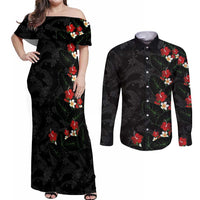 Hawaiian Taro Leaves-Hibiscus and Plumeria Couples Matching Off Shoulder Maxi Dress and Long Sleeve Button Shirt Floral Tribal Tattoo Motif LT03 Black - Polynesian Pride