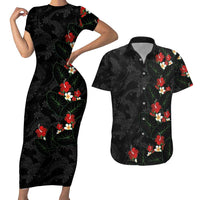 Hawaiian Taro Leaves-Hibiscus and Plumeria Couples Matching Short Sleeve Bodycon Dress and Hawaiian Shirt Floral Tribal Tattoo Motif LT03 Black - Polynesian Pride