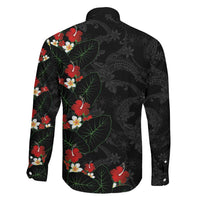 Hawaiian Taro Leaves-Hibiscus and Plumeria Family Matching Off Shoulder Short Dress and Hawaiian Shirt Floral Tribal Tattoo Motif LT03 - Polynesian Pride