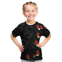 Hawaiian Taro Leaves-Hibiscus and Plumeria Kid T Shirt Floral Tribal Tattoo Motif LT03 Black - Polynesian Pride