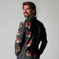 Hawaiian Taro Leaves-Hibiscus and Plumeria Long Sleeve Polo Shirt Floral Tribal Tattoo Motif LT03 - Polynesian Pride