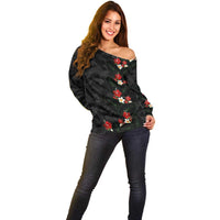 Hawaiian Taro Leaves-Hibiscus and Plumeria Off Shoulder Sweater Floral Tribal Tattoo Motif LT03 - Polynesian Pride