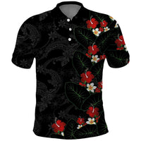 Hawaiian Taro Leaves-Hibiscus and Plumeria Polo Shirt Floral Tribal Tattoo Motif LT03 Black - Polynesian Pride