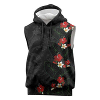 Hawaiian Taro Leaves-Hibiscus and Plumeria Sleeveless Hoodie Floral Tribal Tattoo Motif LT03 Black - Polynesian Pride