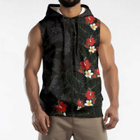 Hawaiian Taro Leaves-Hibiscus and Plumeria Sleeveless Zip Hoodie Floral Tribal Tattoo Motif LT03 - Polynesian Pride