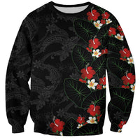 Hawaiian Taro Leaves-Hibiscus and Plumeria Sweatshirt Floral Tribal Tattoo Motif LT03 Unisex Black - Polynesian Pride