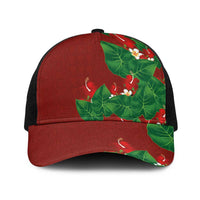 Hawaiian Taro Leaves-Hibiscus and Plumeria Baseball Net Cap Polynesian Art-Kakau Tattoo Red