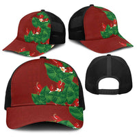 Hawaiian Taro Leaves-Hibiscus and Plumeria Baseball Net Cap Polynesian Art-Kakau Tattoo Red