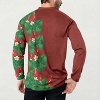 Hawaiian Taro Leaves-Hibiscus and Plumeria Button Sweatshirt Polynesian Art-Kakau Tattoo Red