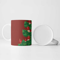 Hawaiian Taro Leaves-Hibiscus and Plumeria Ceramic Mug Polynesian Art-Kakau Tattoo Red