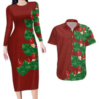 Hawaiian Taro Leaves-Hibiscus and Plumeria Couples Matching Long Sleeve Bodycon Dress and Hawaiian Shirt Polynesian Art-Kakau Tattoo Red LT03 Red - Polynesian Pride