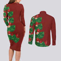 Hawaiian Taro Leaves-Hibiscus and Plumeria Couples Matching Long Sleeve Bodycon Dress and Long Sleeve Button Shirt Polynesian Art-Kakau Tattoo Red LT03 - Polynesian Pride