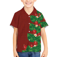 Hawaiian Taro Leaves-Hibiscus and Plumeria Family Matching Off The Shoulder Long Sleeve Dress and Hawaiian Shirt Polynesian Art-Kakau Tattoo Red LT03 Son's Shirt Red - Polynesian Pride