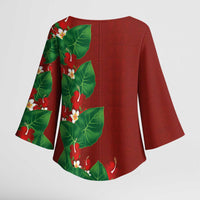 Hawaiian Taro Leaves-Hibiscus and Plumeria Kimono Sleeve Blouse Polynesian Art-Kakau Tattoo Red LT03 - Polynesian Pride