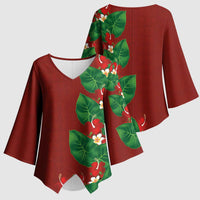 Hawaiian Taro Leaves-Hibiscus and Plumeria Kimono Sleeve Blouse Polynesian Art-Kakau Tattoo Red LT03 - Polynesian Pride