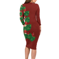 Hawaiian Taro Leaves-Hibiscus and Plumeria Long Sleeve Bodycon Dress Polynesian Art-Kakau Tattoo Red LT03 - Polynesian Pride