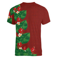 Hawaiian Taro Leaves-Hibiscus and Plumeria Women V-Neck T-Shirt Polynesian Art-Kakau Tattoo Red LT03 - Polynesian Pride