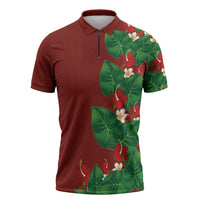 Hawaiian Taro Leaves-Hibiscus and Plumeria Zipper Polo Shirt Polynesian Art-Kakau Tattoo Red LT03 Red - Polynesian Pride