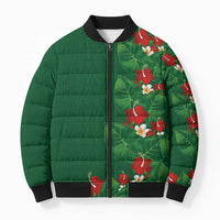Hawaiian Taro Leaves-Hibiscus and Plumeria Bomber Puffer Jacket Polynesian Art-Kakau Tattoo Green