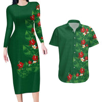 Hawaiian Taro Leaves-Hibiscus and Plumeria Couples Matching Long Sleeve Bodycon Dress and Hawaiian Shirt Polynesian Art-Kakau Tattoo Green LT03 Green - Polynesian Pride