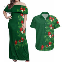 Hawaiian Taro Leaves-Hibiscus and Plumeria Couples Matching Off Shoulder Maxi Dress and Hawaiian Shirt Polynesian Art-Kakau Tattoo Green LT03 Green - Polynesian Pride