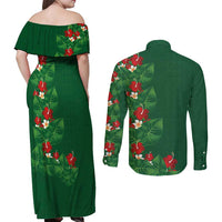 Hawaiian Taro Leaves-Hibiscus and Plumeria Couples Matching Off Shoulder Maxi Dress and Long Sleeve Button Shirt Polynesian Art-Kakau Tattoo Green LT03 - Polynesian Pride