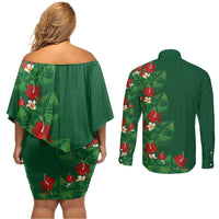 Hawaiian Taro Leaves-Hibiscus and Plumeria Couples Matching Off Shoulder Short Dress and Long Sleeve Button Shirt Polynesian Art-Kakau Tattoo Green LT03 - Polynesian Pride