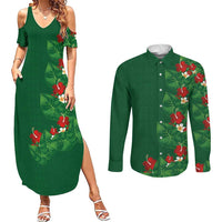Hawaiian Taro Leaves-Hibiscus and Plumeria Couples Matching Summer Maxi Dress and Long Sleeve Button Shirt Polynesian Art-Kakau Tattoo Green LT03 Green - Polynesian Pride
