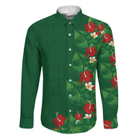 Hawaiian Taro Leaves-Hibiscus and Plumeria Family Matching Off Shoulder Maxi Dress and Hawaiian Shirt Polynesian Art-Kakau Tattoo Green LT03 Dad's Shirt - Long Sleeve Green - Polynesian Pride