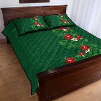 Hawaiian Taro Leaves-Hibiscus and Plumeria Quilt Bed Set Polynesian Art-Kakau Tattoo Green
