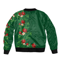Hawaiian Taro Leaves-Hibiscus and Plumeria Sleeve Zip Bomber Jacket Polynesian Art-Kakau Tattoo Green
