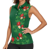 Hawaiian Taro Leaves-Hibiscus and Plumeria Women Sleeveless Polo Shirt Polynesian Art-Kakau Tattoo Green LT03 - Polynesian Pride