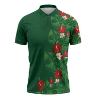 Hawaiian Taro Leaves-Hibiscus and Plumeria Zipper Polo Shirt Polynesian Art-Kakau Tattoo Green LT03 Green - Polynesian Pride
