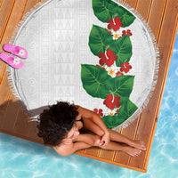 Hawaiian Taro Leaves-Hibiscus and Plumeria Beach Blanket Polynesian Art-Kakau Tattoo White