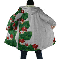 Hawaiian Taro Leaves-Hibiscus and Plumeria Cloak Polynesian Art-Kakau Tattoo White