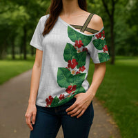 Hawaiian Taro Leaves-Hibiscus and Plumeria Cross Shoulder Shirt Polynesian Art-Kakau Tattoo White LT03 - Polynesian Pride