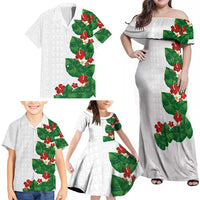 Hawaiian Taro Leaves-Hibiscus and Plumeria Family Matching Off Shoulder Maxi Dress and Hawaiian Shirt Polynesian Art-Kakau Tattoo White LT03 - Polynesian Pride