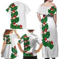 Hawaiian Taro Leaves-Hibiscus and Plumeria Family Matching Off Shoulder Maxi Dress and Hawaiian Shirt Polynesian Art-Kakau Tattoo White LT03 - Polynesian Pride