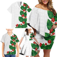 Hawaiian Taro Leaves-Hibiscus and Plumeria Family Matching Off Shoulder Short Dress and Hawaiian Shirt Polynesian Art-Kakau Tattoo White LT03 - Polynesian Pride
